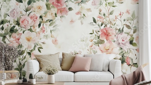Watercolor Floral Wallpaper with White Sofa and Accessories