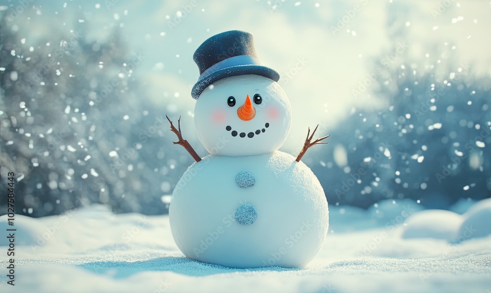 A cheerful snowman with a top hat standing in a snowy field, with falling snow in the background. A cheerful snowman with a top hat standing in a snowy field, with falling snow in the background.