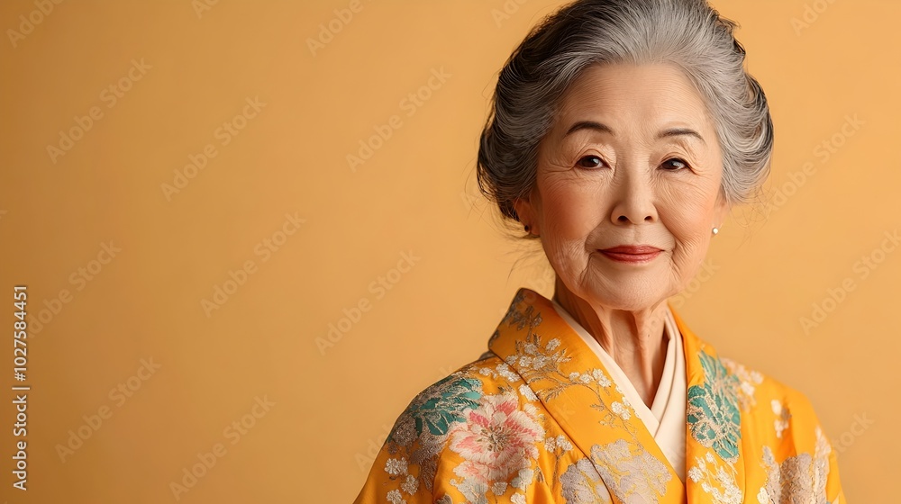 Portrait of a serene and elegant elderly Asian woman wearing a delicate embroidered silk kimono shot against a plain ochre background with studio lighting setup leaving copy space above the subject