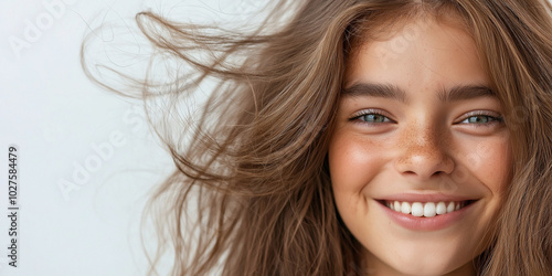 A young girl with freckles and long hair smiles warmly against a white background, capturing youthful innocence and natural beauty in a candid moment.