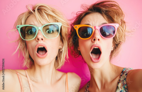 Two surprised, beautiful young women holding sunglasses in front of their eyes