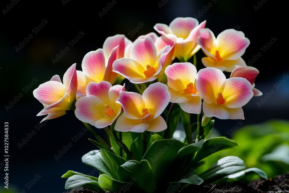 Obraz premium Butterfly orchids fluttering in the breeze, their yellow and pink petals resembling delicate wings, as they sway gently in a sunny garden