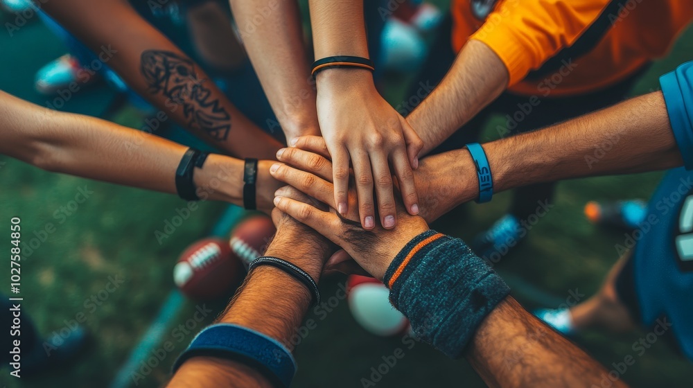 A close-up of hands joined together in solidarity, with sports equipment in the background, symbolizing unity through sports A close-up of hands joined together in solidarity, with sports equipment in the background, symbolizing unity through sports