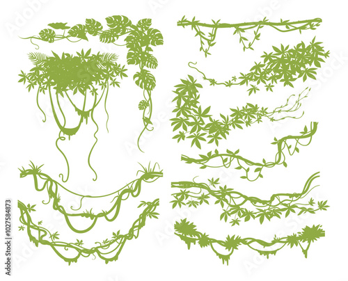 Cartoon liana creepers branches. Tropical climbing liana plants with moss, rainforest flora flat vector illustration set. Jungle liana vines on white