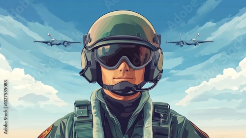 Military pilot vector illustration, showcasing a pilot in uniform with helmet, modern air force equipment and background