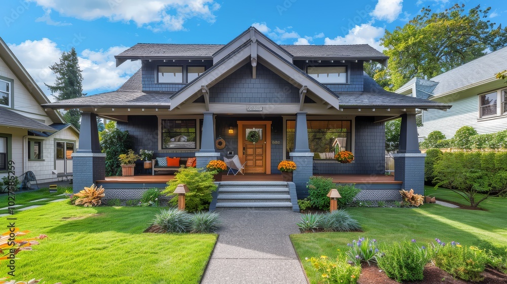 Front view of grey Craftsman-style home with porch and small yard on a sunny day, Washington State, green lawn and high-resolution real estate photography. Front view of grey Craftsman-style home with porch and small yard on a sunny day, Washington State, green lawn and high-resolution real estate photography.