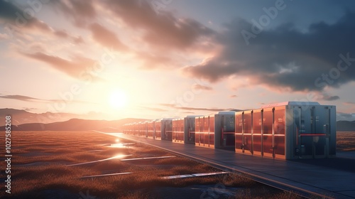 Energy storage containers. Solar panels at sunset, Generative Ai 