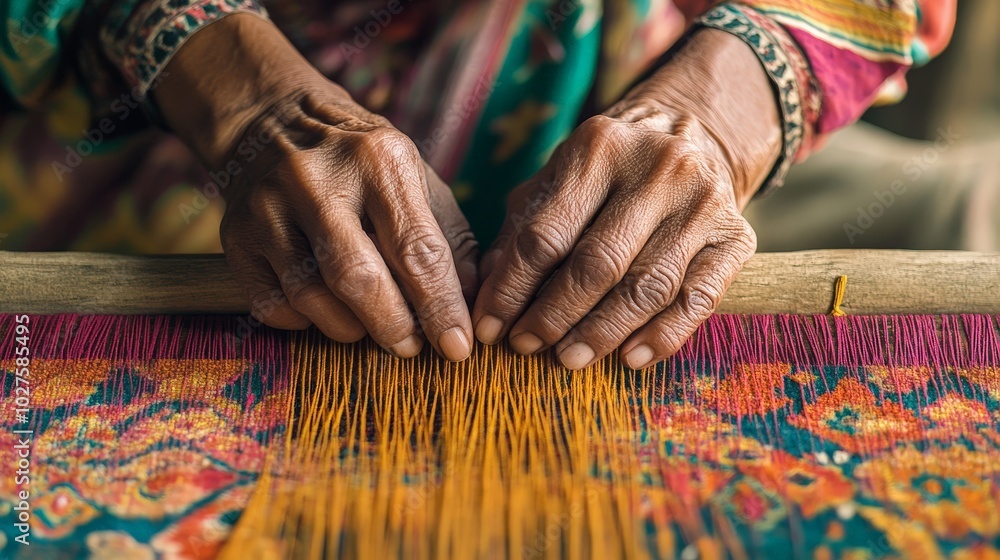 A close-up of hands weaving a traditional fabric pattern that had been nearly forgotten, now being revived A close-up of hands weaving a traditional fabric pattern that had been nearly forgotten, now being revived