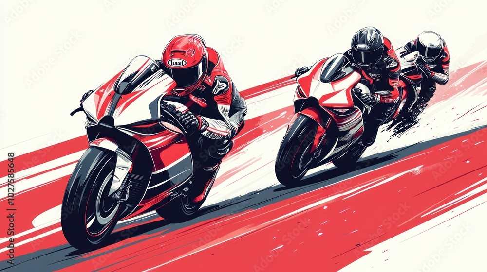 Motorbike racing vector illustration, showcasing riders speeding on a race track, sleek and modern design Motorbike racing vector illustration, showcasing riders speeding on a race track, sleek and modern design