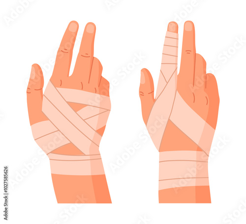Injured human hands. Bandaged wrists and fingers, damaged arm parts, emergency treatment for bones fractures and sprains flat vector illustration set. Physical injury bandages