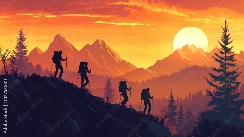 Fototapeta premium Mountain hiking vector illustration, depicting hikers on a mountain trail with scenic backgrounds