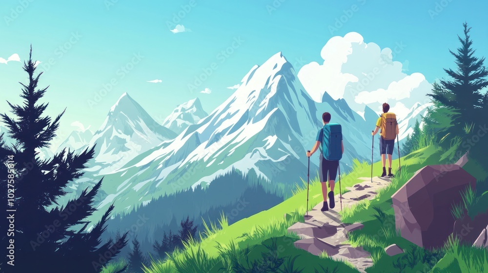 Mountain hiking vector illustration, depicting hikers on a mountain trail with scenic backgrounds Mountain hiking vector illustration, depicting hikers on a mountain trail with scenic backgrounds