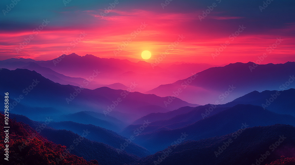 Dramatic sunset over a mountain range with a blurred background. Dramatic sunset over a mountain range with a blurred background.