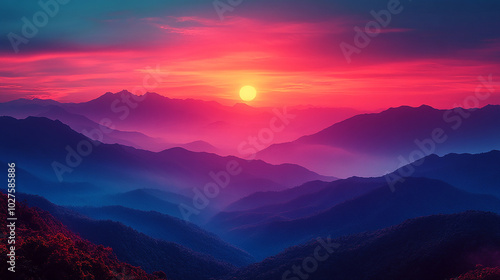 Dramatic sunset over a mountain range with a blurred background.