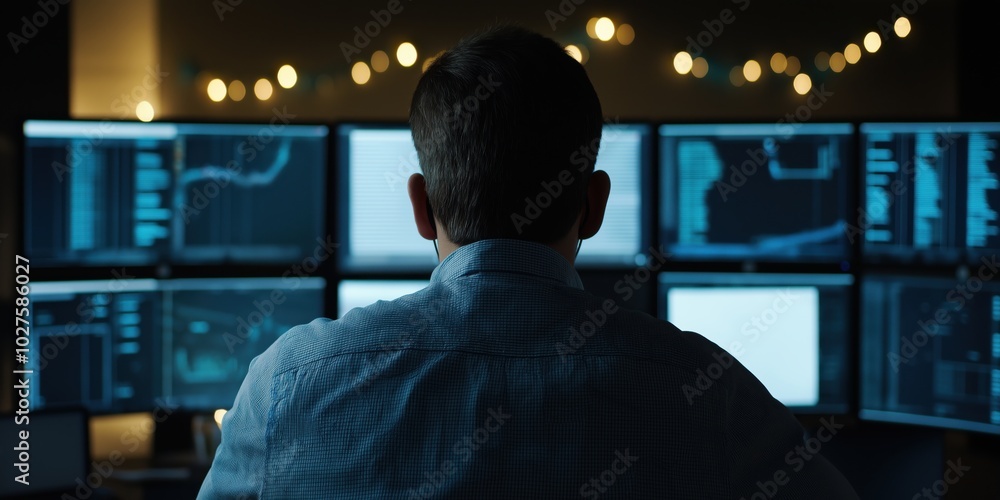 A man observes a series of computer screens displaying complex data and charts, indicative of modern technology, attentiveness, and analytical skill in action. A man observes a series of computer screens displaying complex data and charts, indicative of modern technology, attentiveness, and analytical skill in action.