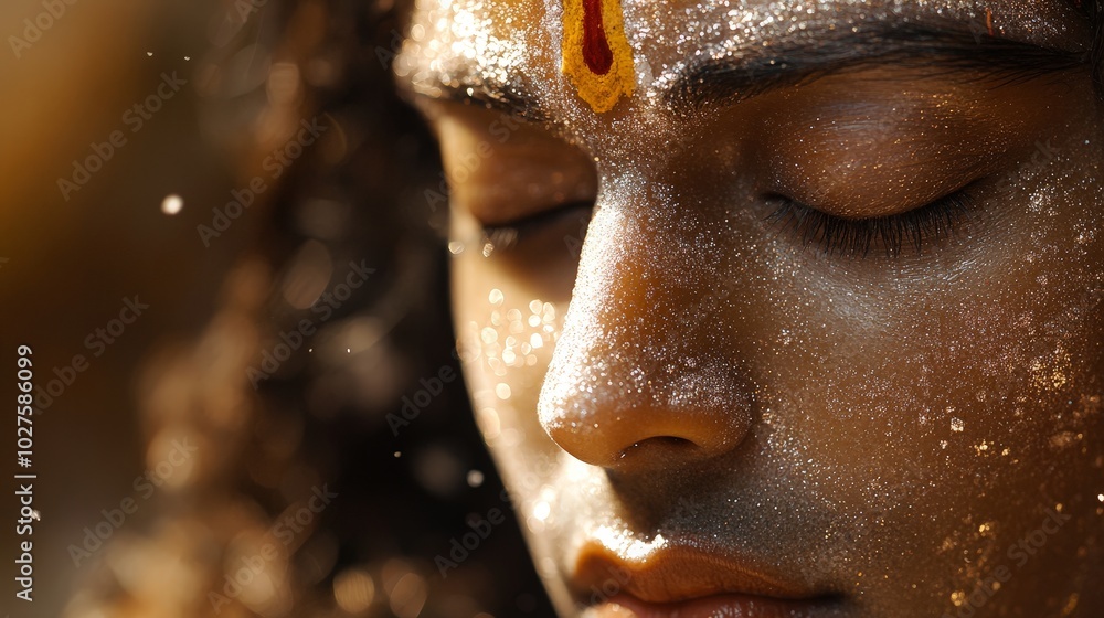 A close-up face in meditation, with closed eyes and a soft, divine glow surrounding him A close-up face in meditation, with closed eyes and a soft, divine glow surrounding him
