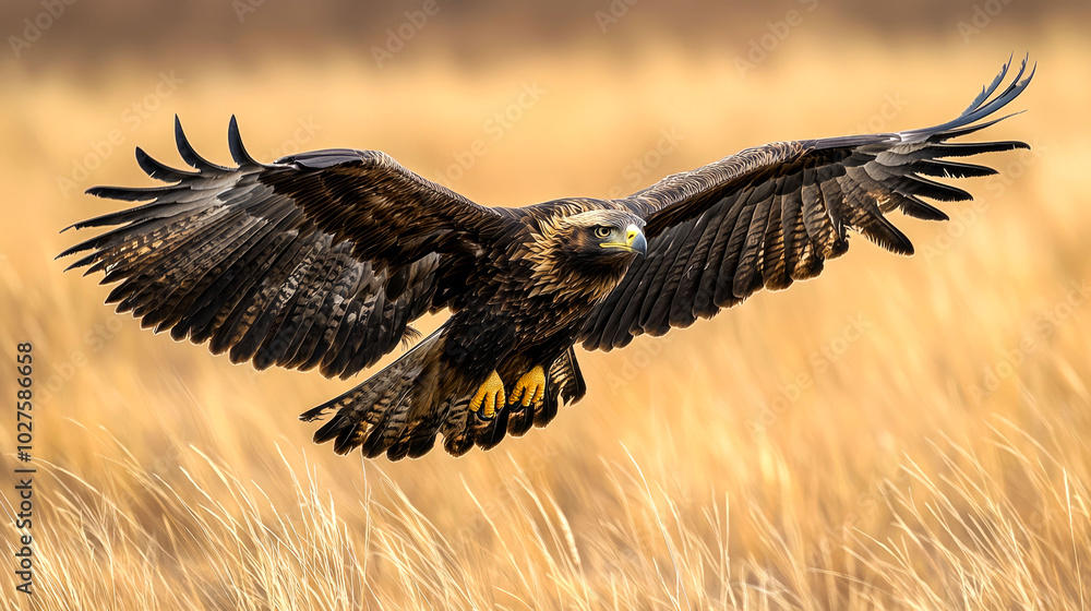 Golden eagle in flight over tall grass. Golden eagle in flight over tall grass.