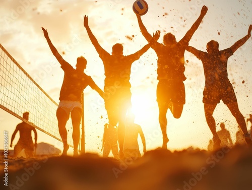 Group of friends jumping in unison during a beach volleyball game, high energy and physical fitness under the sun photo