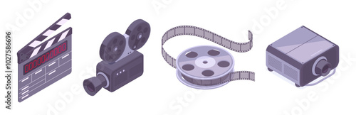 Isometric film production icons. Movie theatre film, projector and сlapperboard 3d vector illustration set. Filming movie elements