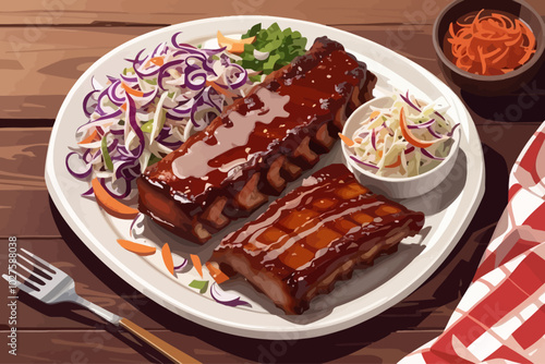 bbq pork ribs with coleslaw illustration