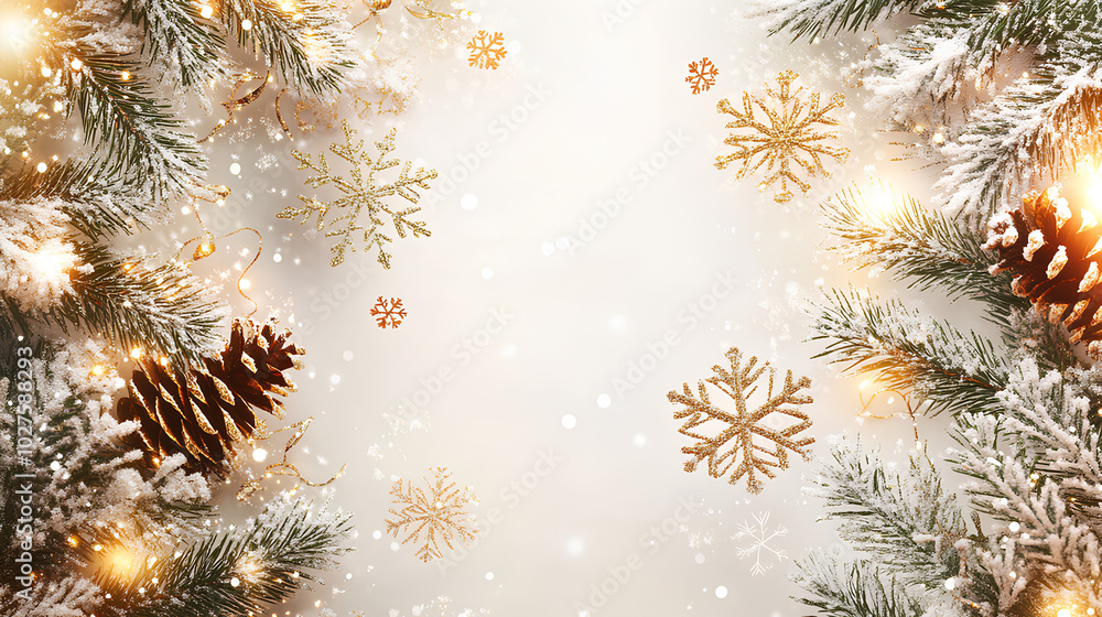 New Year's snowflakes on a light background, New Year's background with fir twigs New Year's snowflakes on a light background, New Year's background with fir twigs