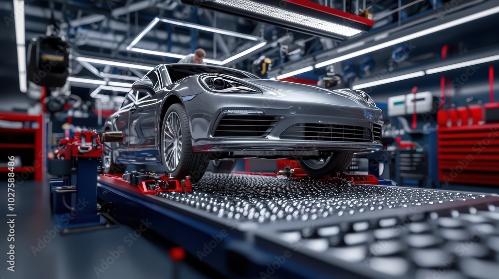 Fototapeta premium Modern car in an auto repair shop, showcasing advanced technology and equipment for vehicle maintenance.