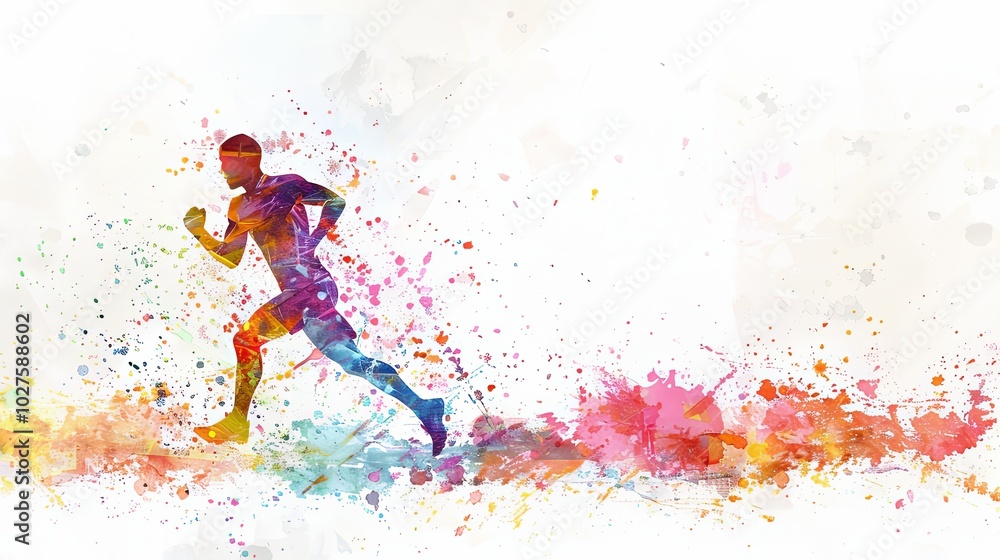 A colorful silhouette of a male runner against a watercolor background. A colorful silhouette of a male runner against a watercolor background.