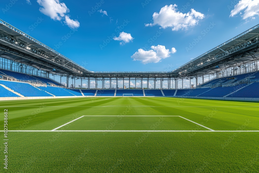 Modern soccer stadium with lush green grass and clear blue sky, ideal for sports events and activities. Modern soccer stadium with lush green grass and clear blue sky, ideal for sports events and activities.
