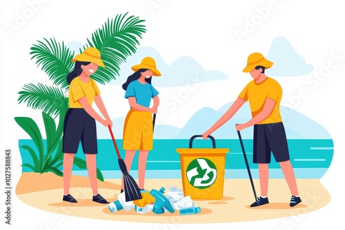 People cleaning up the beach, promoting environmental awareness and recycling efforts.