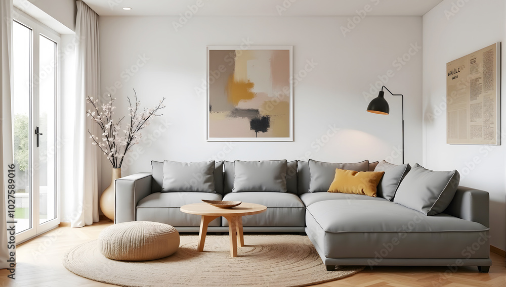 Fototapeta premium modern living room. Boucle sofa and scandinavian style armchair near wall with big wall art frame.
