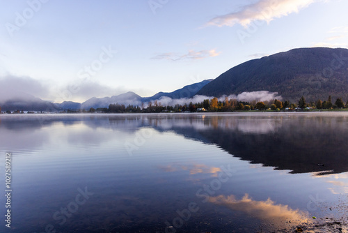 Serene Reflection of Mountains in Mission, BC at Sunrise