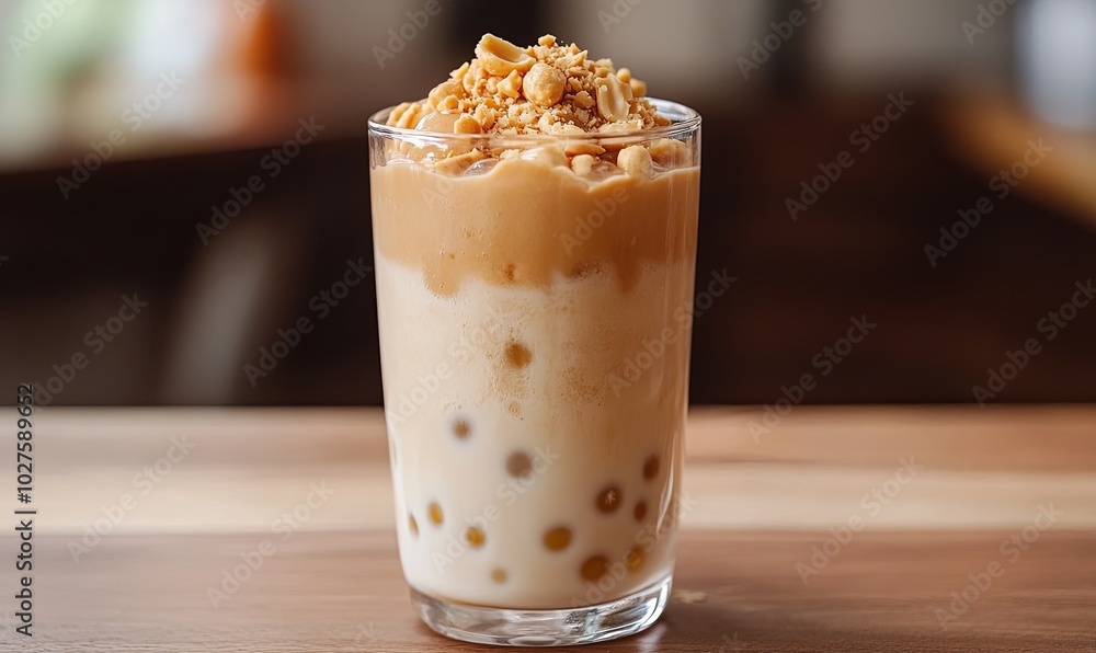 A glass of iced coffee with boba pearls, topped with whipped cream and crushed peanuts. A glass of iced coffee with boba pearls, topped with whipped cream and crushed peanuts.