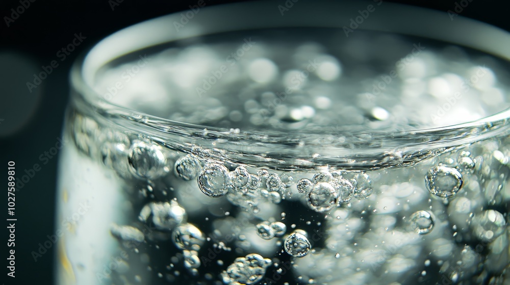A close-up of water in a clear glass with bubbles rising to the surface, capturing simplicity and refreshment A close-up of water in a clear glass with bubbles rising to the surface, capturing simplicity and refreshment