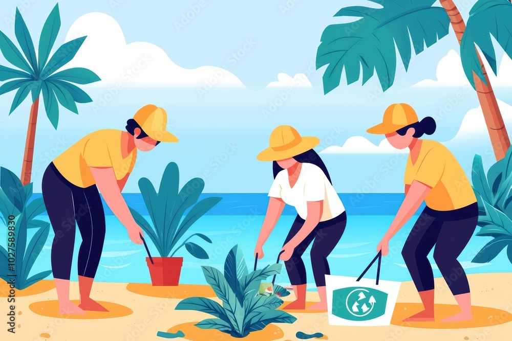 Three individuals planting shrubs on a beach, promoting environmental conservation under palm trees. Three individuals planting shrubs on a beach, promoting environmental conservation under palm trees.