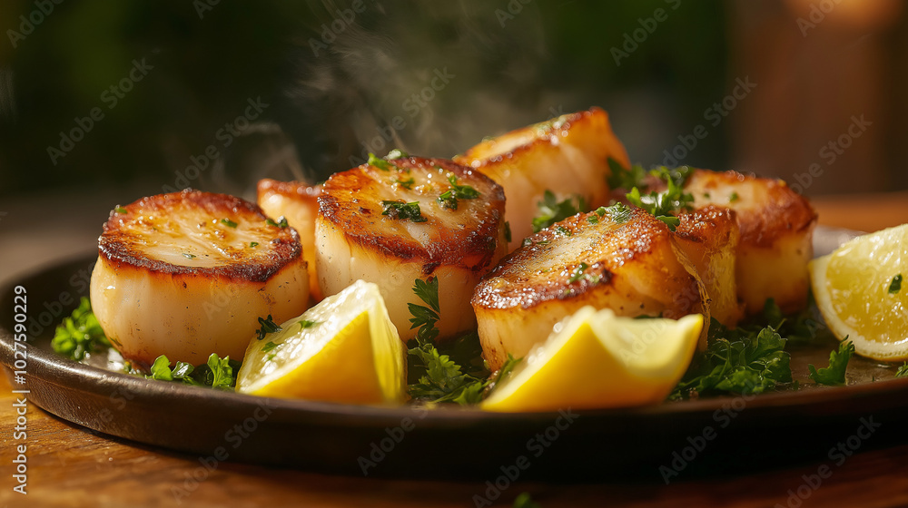 Perfectly seared and golden brown scallops sizzle on a platter, garnished with fresh parsley and lemon wedges, evoking a savory and mouthwatering delight. Perfectly seared and golden brown scallops sizzle on a platter, garnished with fresh parsley and lemon wedges, evoking a savory and mouthwatering delight.