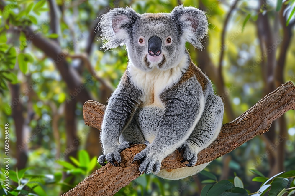 Naklejka premium A koala bear sits on a branch of a tree, looking directly at the camera.