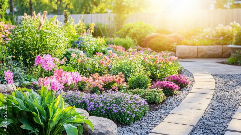 Vibrant Garden Oasis with Winding Path Vibrant Garden Oasis with Winding Path