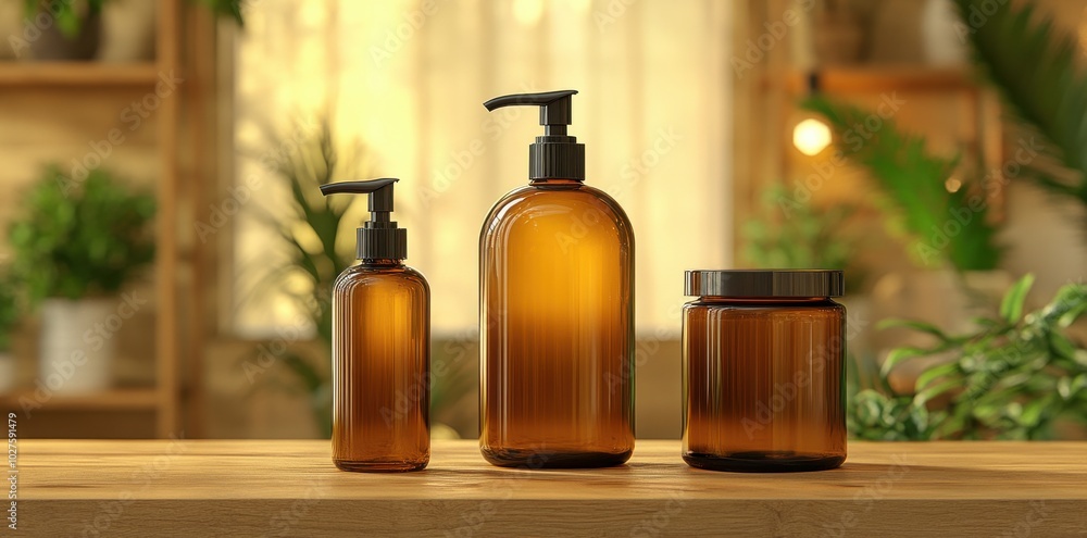Mockup of amber glass cosmetic bottles on wooden table in boho interior Mockup of amber glass cosmetic bottles on wooden table in boho interior