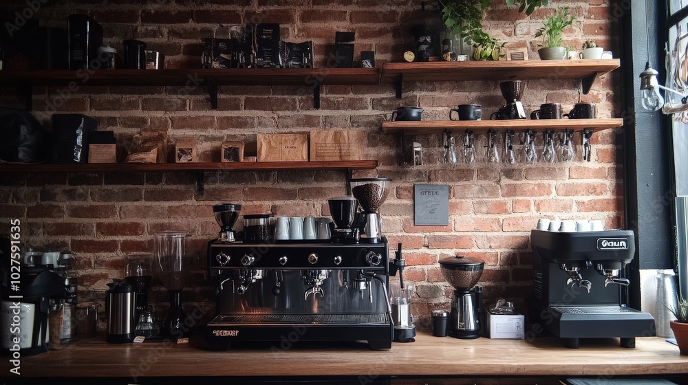 A cozy setting with a variety of specialty coffee equipment on display, from espresso machines to pour-over kettles A cozy setting with a variety of specialty coffee equipment on display, from espresso machines to pour-over kettles