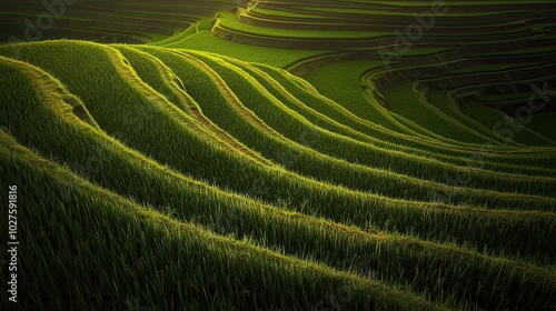 Lush green rice terraces in the countryside with sunlight shining down, creating a pattern of light and shadow.