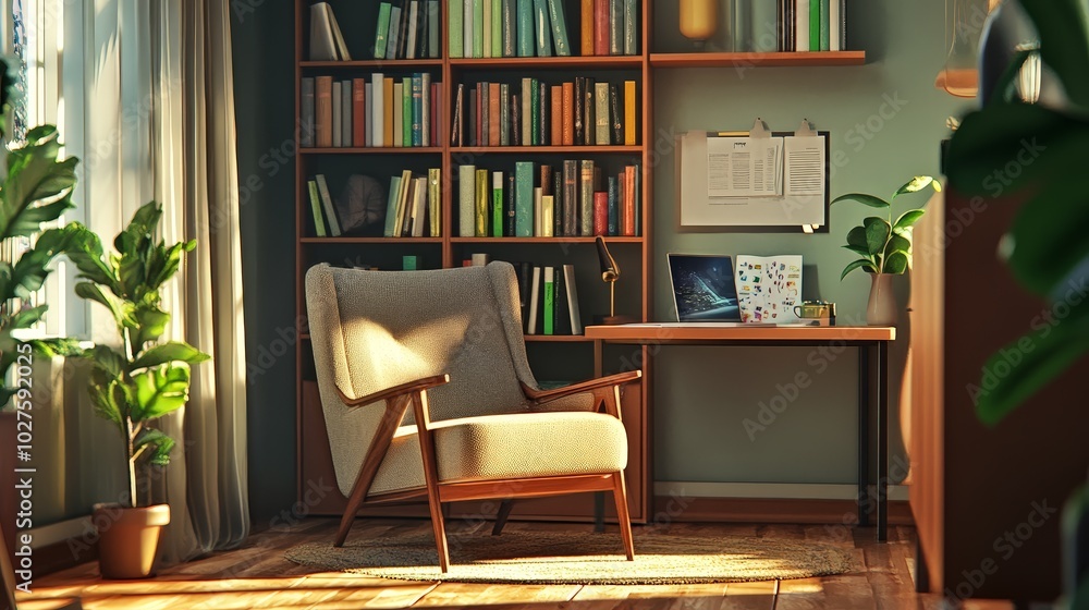 A cozy office nook with a comfortable chair, a bookshelf, and a plant, creating a productive work environment A cozy office nook with a comfortable chair, a bookshelf, and a plant, creating a productive work environment