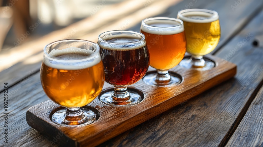 A craft beer flight with small tasting glasses on a wooden board, each showcasing a different flavor and style A craft beer flight with small tasting glasses on a wooden board, each showcasing a different flavor and style