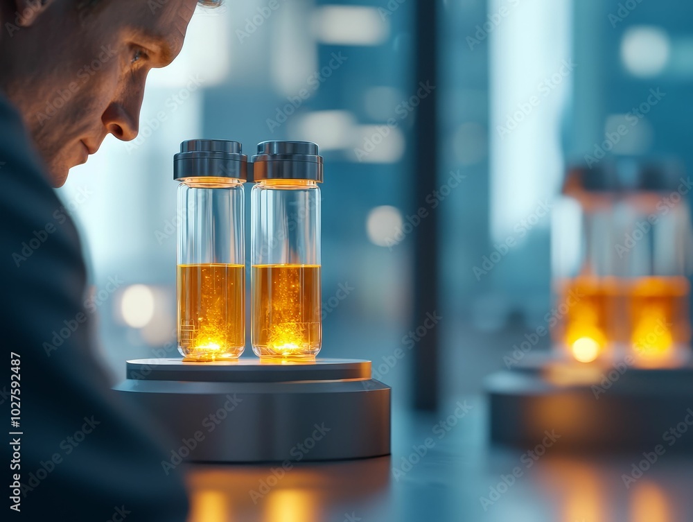 Scientist developing a new energy solution, working with glowing experimental devices in a sleek laboratory Scientist developing a new energy solution, working with glowing experimental devices in a sleek laboratory