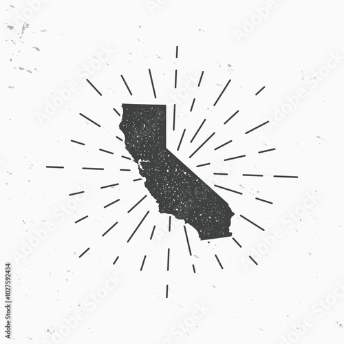 California icon with light rays. Vintage Califronia map with stamp effect. Vector illustration