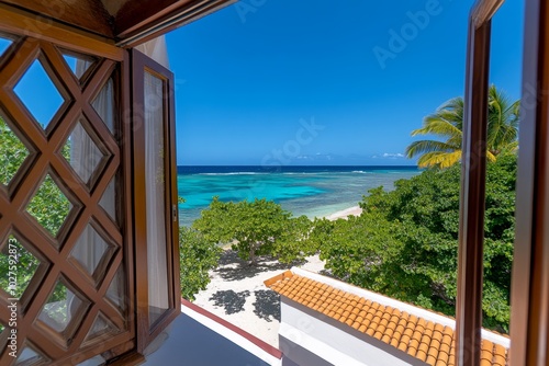 Person waking up on a peaceful vacation, with the sound of the ocean in the distance and the breeze flowing through an open window, feeling relaxed and recharged photo