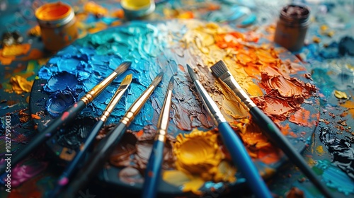 Colorful Artist's Palette and Paintbrushes 