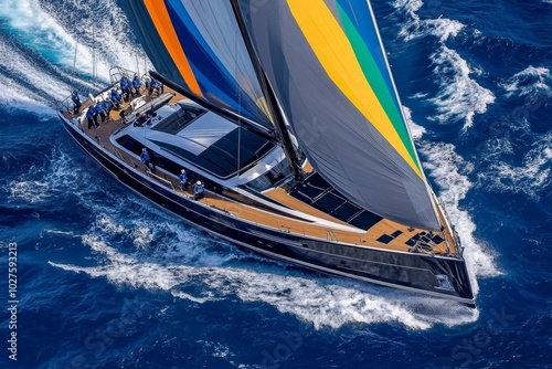 Racing yacht cutting through rough seas, with its sleek hull and colorful sails catching the wind, as the crew works in perfect unison to navigate the course photo