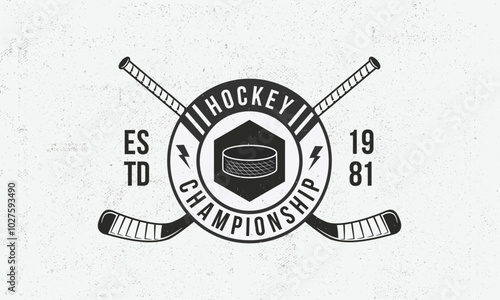 Hockey logo, poster template. Vintage emblem with crossed hockey cues, puck and crown icon. Logo template for team, club, league, tournament. Vector illustration