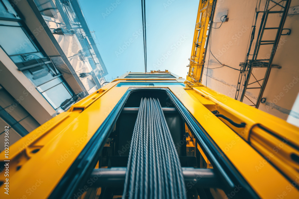Fototapeta premium Close-up of steel cable on construction crane against blue sky, industrial photography