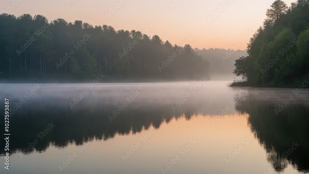 A peaceful lake surrounded by autumn trees, with a gentle layer of fog drifting across the water at sunrise. The stillness of the water perfectly reflects the colorful trees, creating a serene and cal A peaceful lake surrounded by autumn trees, with a gentle layer of fog drifting across the water at sunrise. The stillness of the water perfectly reflects the colorful trees, creating a serene and cal